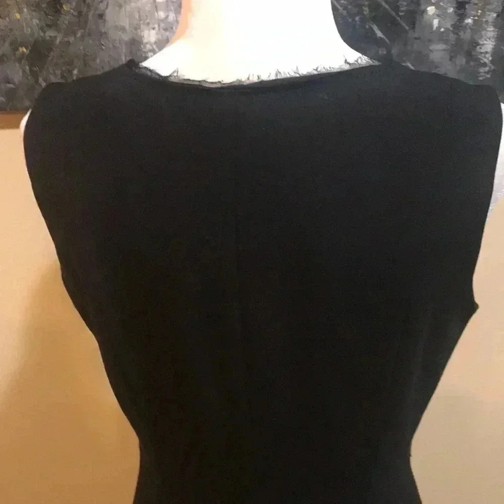 Tahari Sheer Outlined V-Neck Sheath Dress with Side Zipper and Back Slit-Size 6